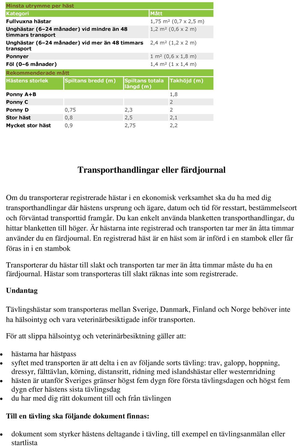 C 2 Ponny D 0,75 2,3 2 Stor häst 0,8 2,5 2,1 Mycket stor häst 0,9 2,75 2,2 Takhöjd (m) Transporthandlingar eller färdjournal Om du transporterar registrerade hästar i en ekonomisk verksamhet ska du