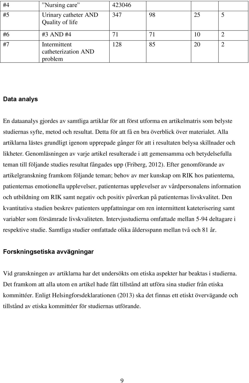 Alla artiklarna lästes grundligt igenom upprepade gånger för att i resultaten belysa skillnader och likheter.