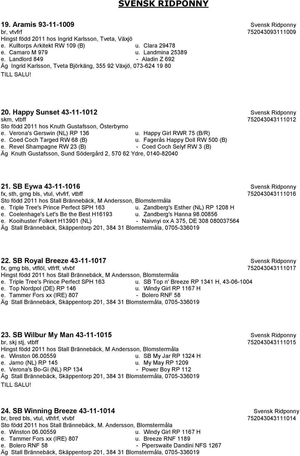 Happy Sunset 43-11-1012 Svensk Ridponny skm, vtbff 752043043111012 Sto född 2011 hos Knuth Gustafsson, Österbymo e. Verona's Gerswin (NL) RP 136 u. Happy Girl RWR 75 (B/R) e.