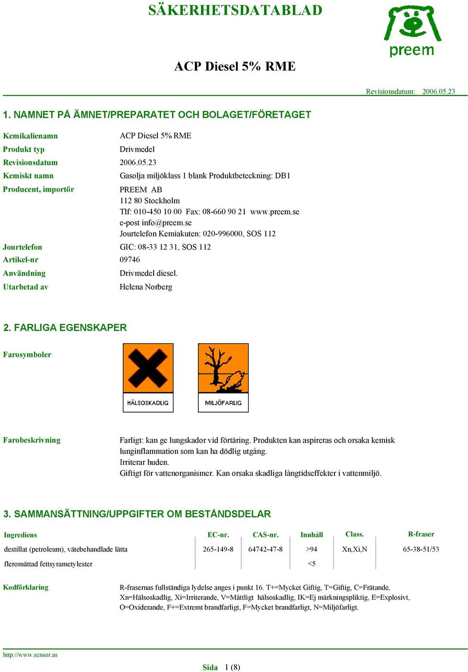 23 Kemiskt namn Producent, importör Jourtelefon Artikel-nr 09746 Användning Utarbetad av Gasolja miljöklass 1 blank Produktbeteckning: DB1 PREEM AB 112 80 Stockholm Tlf: 010-450 10 00 Fax: 08-660 90