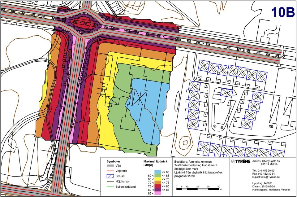 503:1 mark 2m höjd över mark Ljudnivå från vägtrafik inkl fasadreflex Säröleden prognosår 2020 och Årekärrsvägen prognosår 2030 0 5 10 20 30 40 m