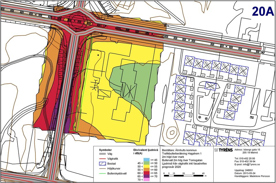 Ljudnivå Bullervall från 2m hög vägtrafik över inkl Tornsgatan fasadreflex Säröleden Ljudnivå från och vägtrafik Årekärrsvägen inkl fasadreflex prognosår 2030 2020 0 5