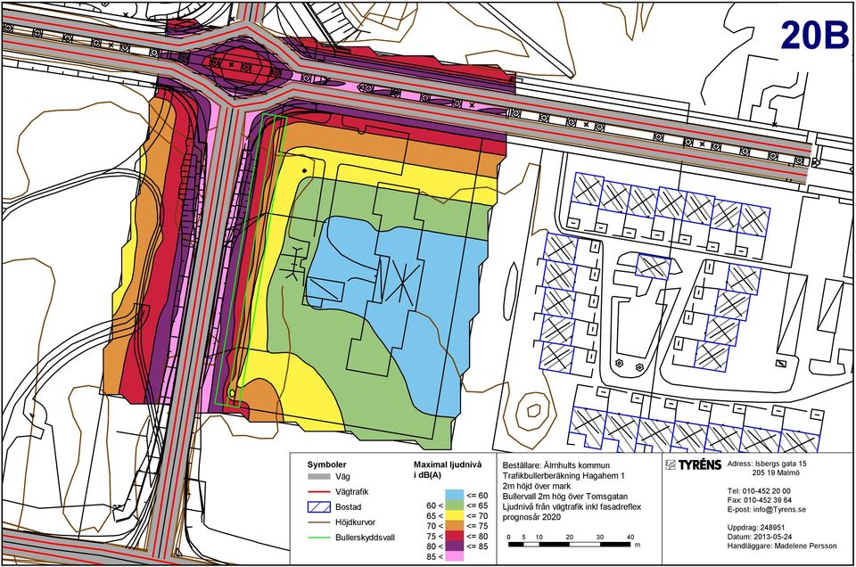 Ljudnivå Bullervall från 2m hög vägtrafik över inkl Tornsgatan fasadreflex Säröleden Ljudnivå från och vägtrafik Årekärrsvägen inkl fasadreflex prognosår 2030 2020 0 5