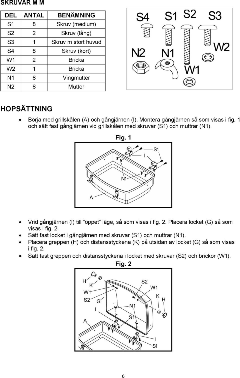 Fig. 1 Vrid gångjärnen (I) till öppet läge, så som visas i fig. 2. Placera locket (G) så som visas i fig. 2. Sätt fast locket i gångjärnen med skruvar (S1) och muttrar (N1).