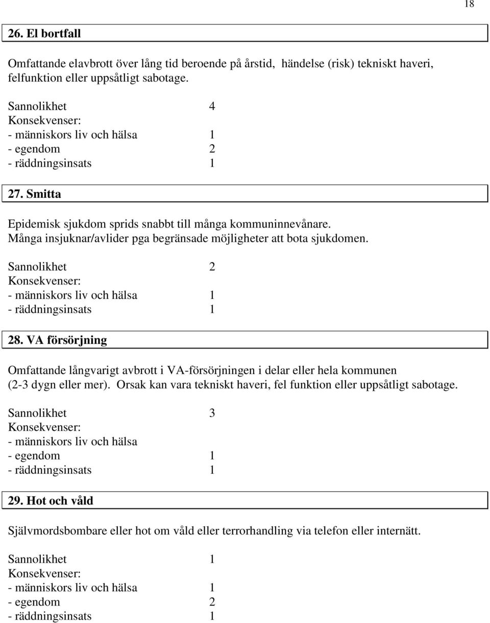 VA försörjning Omfattande långvarigt avbrott i VA-försörjningen i delar eller hela kommunen (2-3 dygn eller mer).