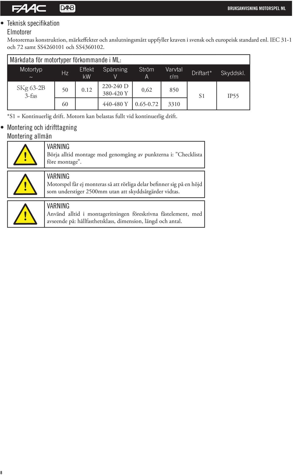 12 Spänning V 220-240 D 380-420 Y Ström A Varvtal r/m 0,62 850 60 440-480 Y 0.65-0.72 3310 *S1 = Kontinuerlig drift. Motorn kan belastas fullt vid kontinuerlig drift. Driftart* S1 Skyddskl.