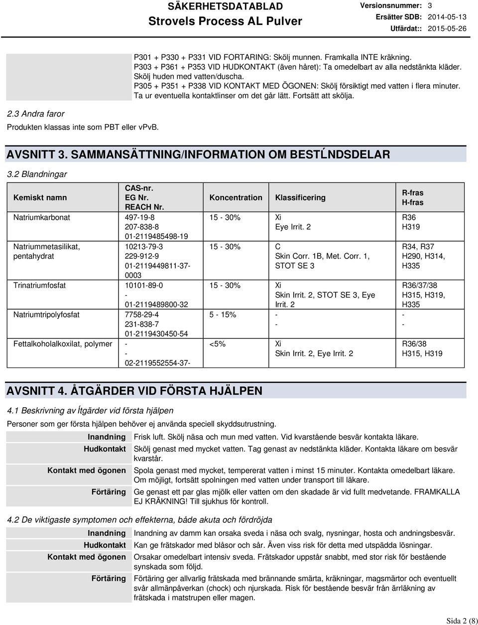 P305 + P351 + P338 VID KONTAKT MED ÖGONEN: Skölj försiktigt med vatten i flera minuter. Ta ur eventuella kontaktlinser om det går lätt. Fortsätt att skölja. AVSNITT 3.