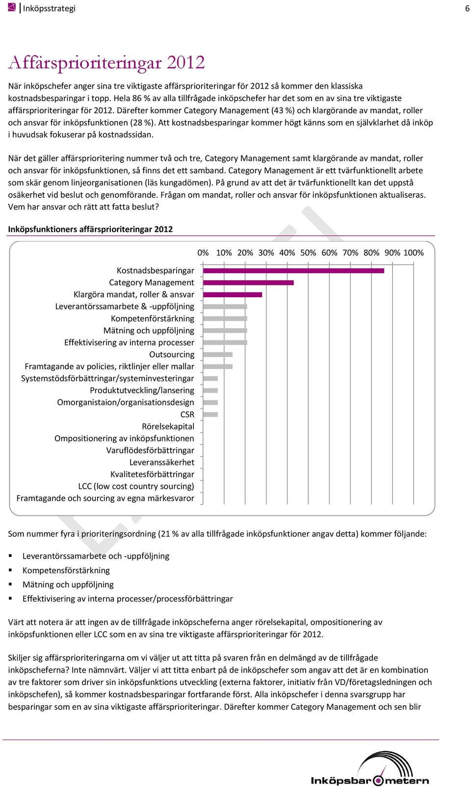 Därefter kommer Category Management (43 %) och klargörande av mandat, roller och ansvar för inköpsfunktionen (28 %).