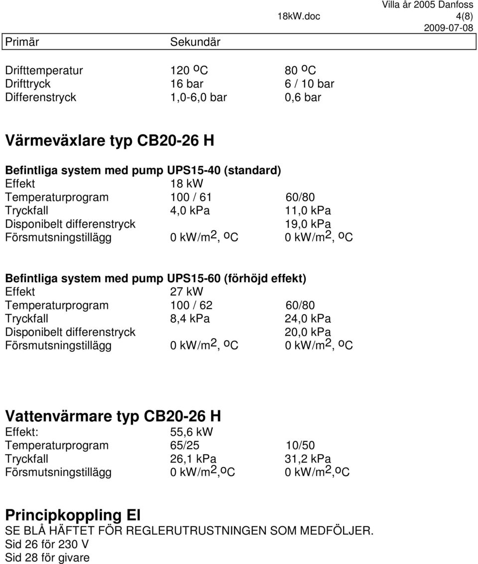 Temperaturprogram 100 / 61 60/80 Tryckfall 4,0 kpa 11,0 kpa Disponibelt differenstryck 19,0 kpa Försmutsningstillägg 0 kw/m2, oc 0 kw/m2, oc Befintliga system med pump UPS15-60 (förhöjd effekt)