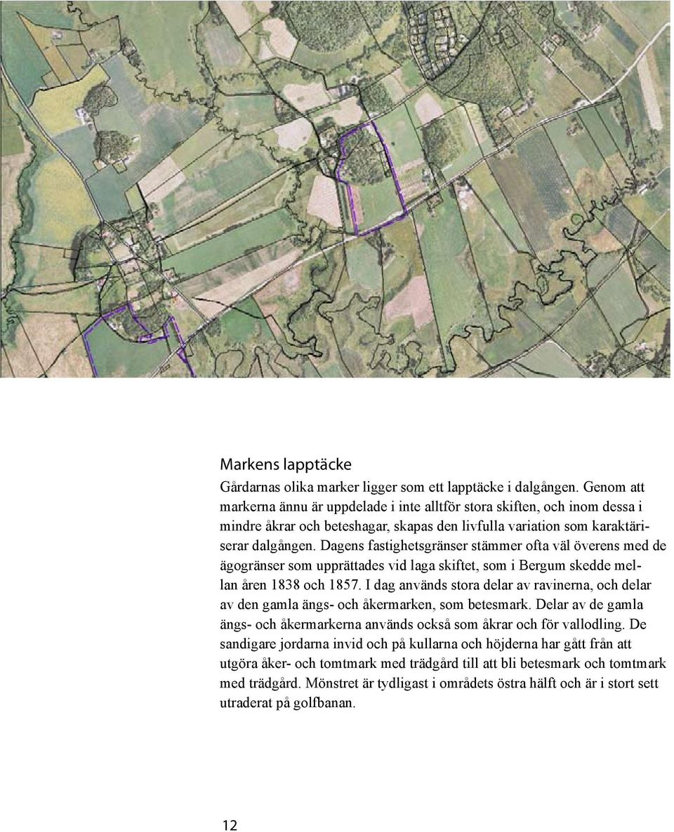 Dagens fastighetsgränser stämmer ofta väl överens med de ägogränser som upprättades vid laga skiftet, som i Bergum skedde mellan åren 1838 och 1857.