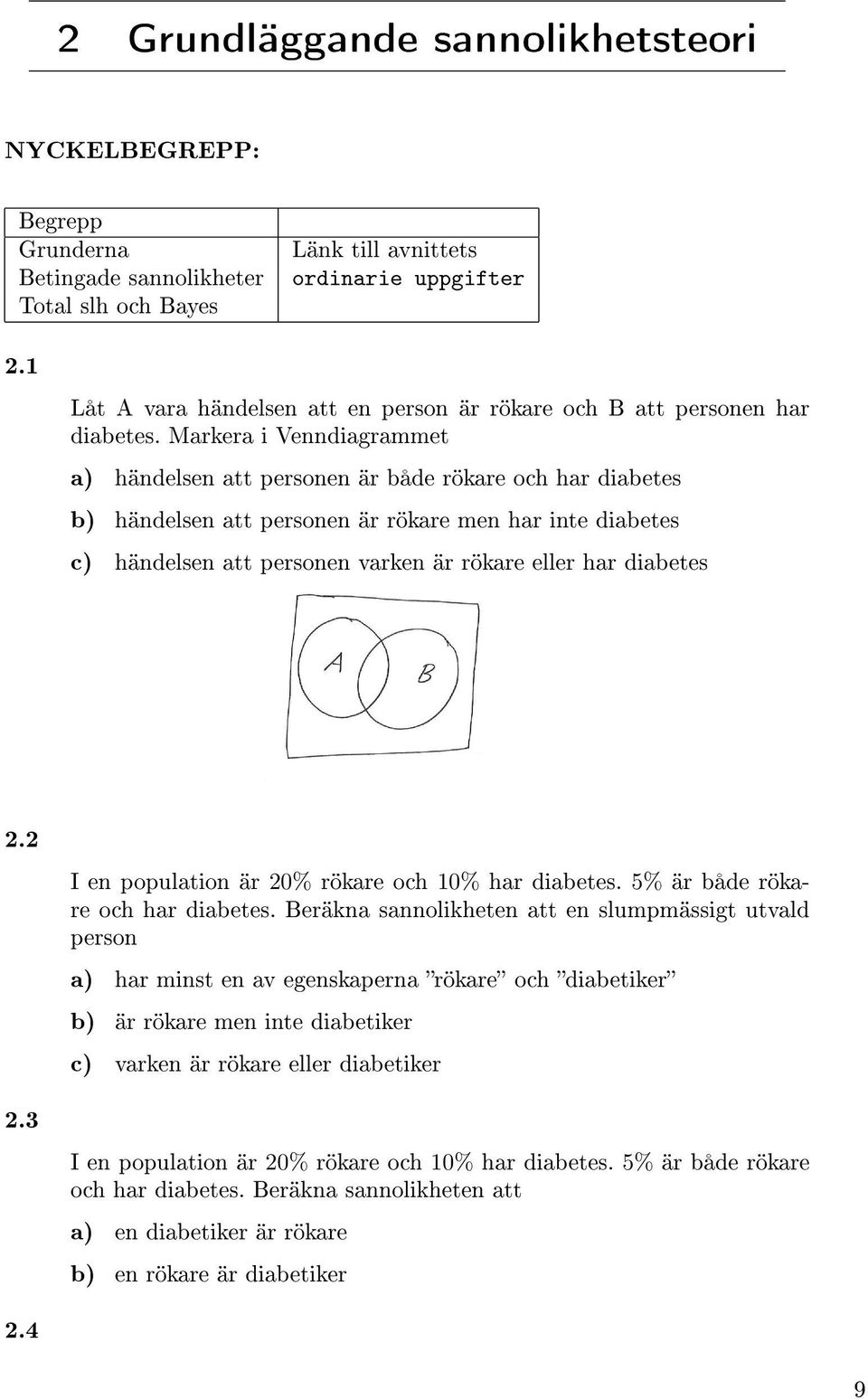 Markera i Venndiagrammet a) händelsen att personen är både rökare och har diabetes b) händelsen att personen är rökare men har inte diabetes c) händelsen att personen varken är rökare eller har