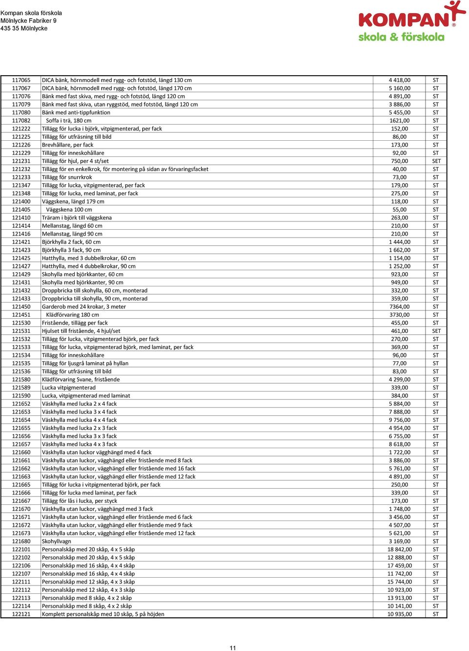 121222 Tillägg för lucka i björk, vitpigmenterad, per fack 152,00 ST 121225 Tillägg för utfräsning till bild 86,00 ST 121226 Brevhållare, per fack 173,00 ST 121229 Tillägg för inneskohållare 92,00 ST