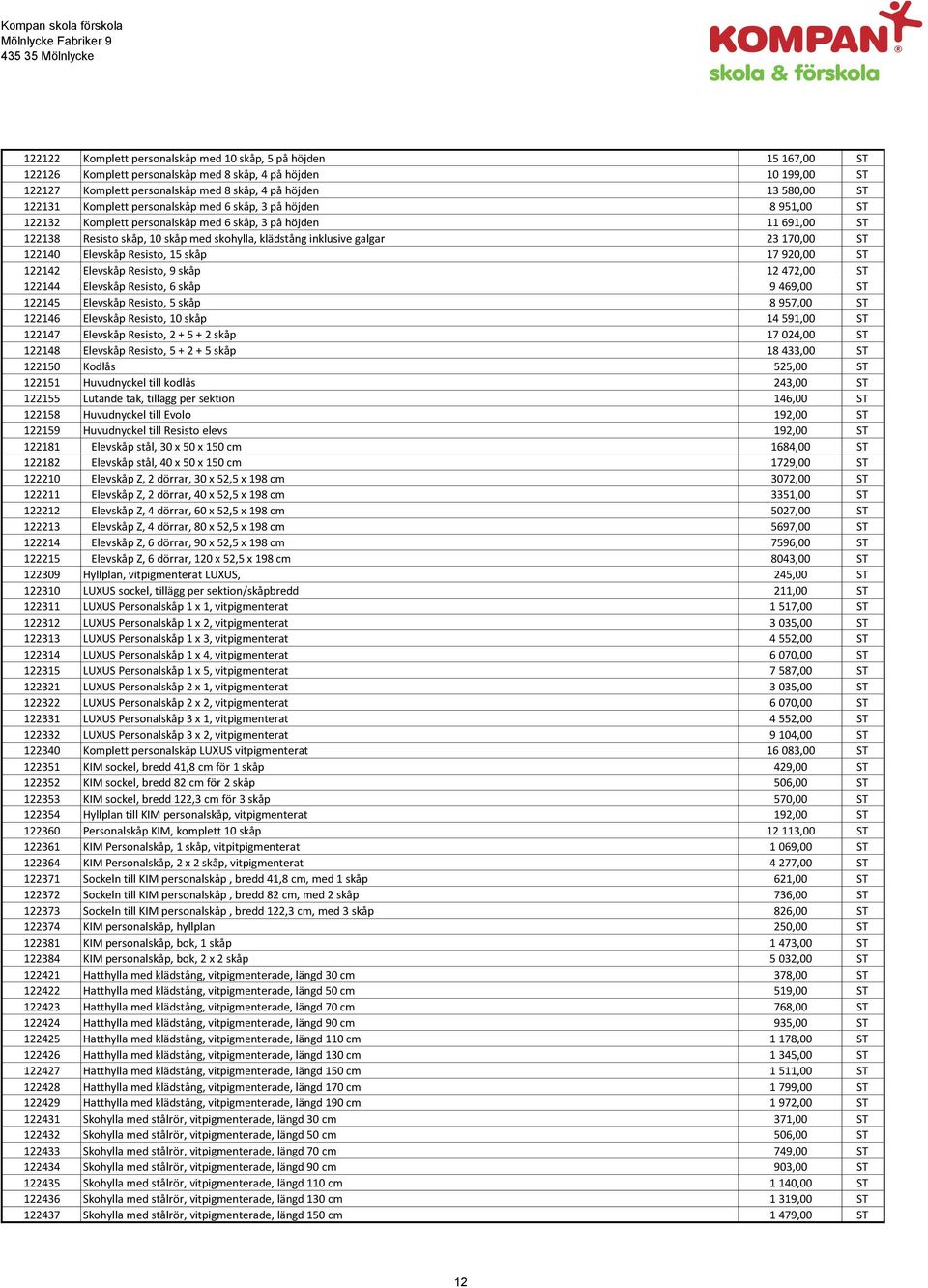 galgar 23 170,00 ST 122140 Elevskåp Resisto, 15 skåp 17 920,00 ST 122142 Elevskåp Resisto, 9 skåp 12 472,00 ST 122144 Elevskåp Resisto, 6 skåp 9 469,00 ST 122145 Elevskåp Resisto, 5 skåp 8 957,00 ST