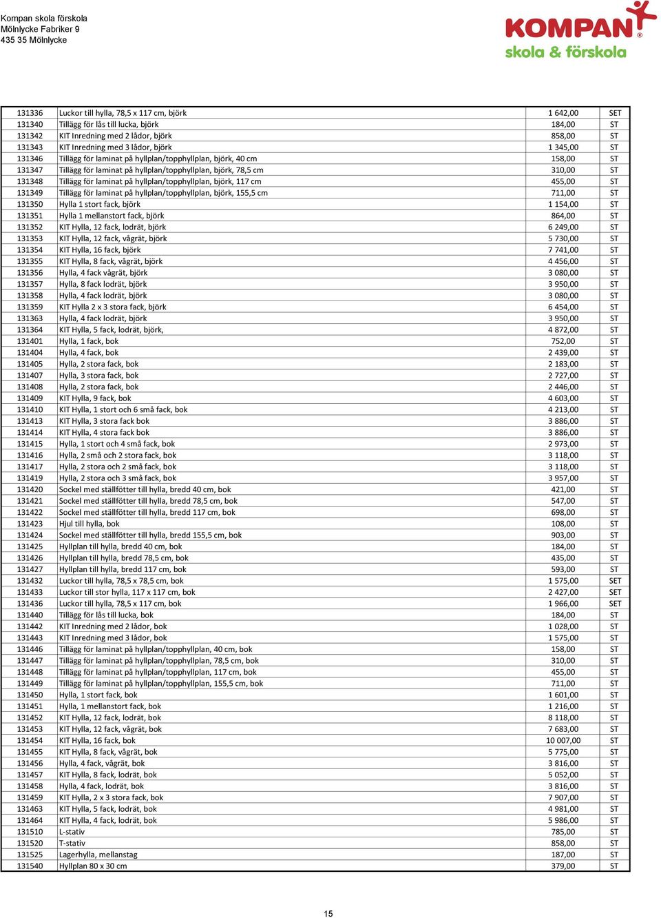 på hyllplan/topphyllplan, björk, 117 cm 455,00 ST 131349 Tillägg för laminat på hyllplan/topphyllplan, björk, 155,5 cm 711,00 ST 131350 Hylla 1 stort fack, björk 1 154,00 ST 131351 Hylla 1