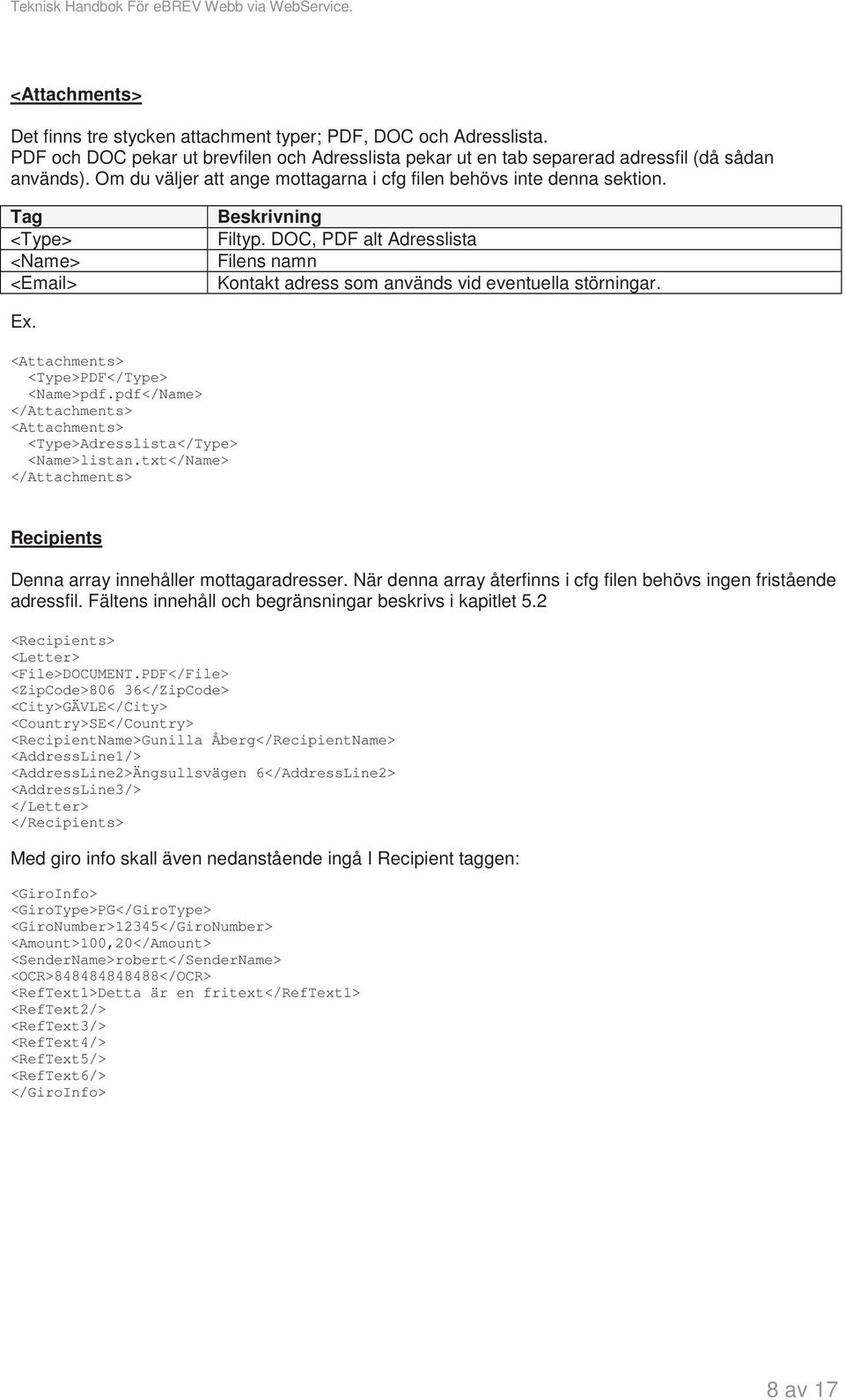 DOC, PDF alt Adresslista Filens namn Kontakt adress som används vid eventuella störningar. Ex. <Attachments> <Type>PDF</Type> <Name>pdf.