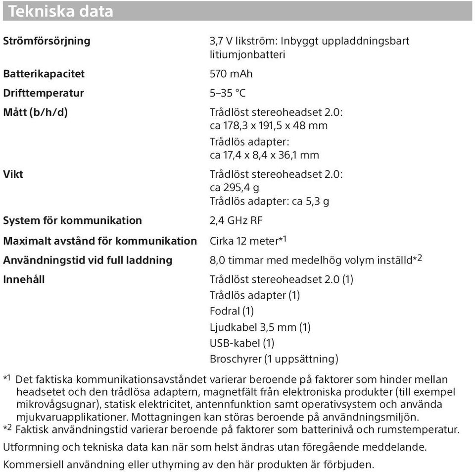 0: ca 295,4 g Trådlös adapter: ca 5,3 g System för kommunikation 2,4 GHz RF Maximalt avstånd för kommunikation Cirka 12 meter* 1 Användningstid vid full laddning 8,0 timmar med medelhög volym