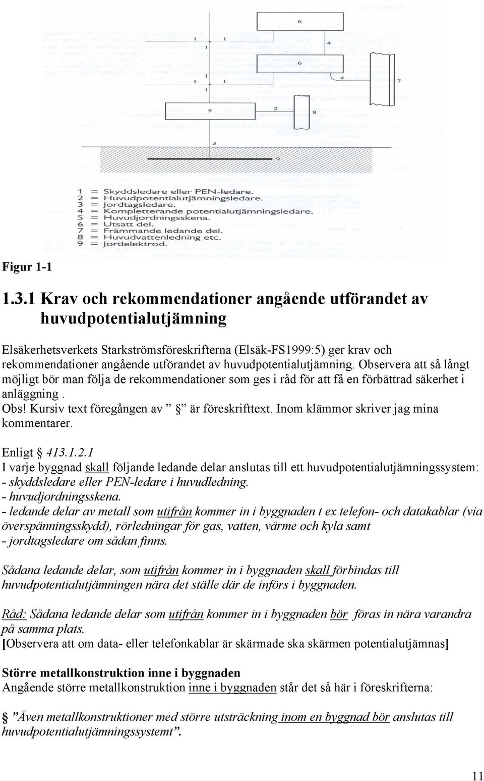 huvudpotentialutjämning. Observera att så långt möjligt bör man följa de rekommendationer som ges i råd för att få en förbättrad säkerhet i anläggning. Obs! Kursiv text föregången av är föreskrifttext.