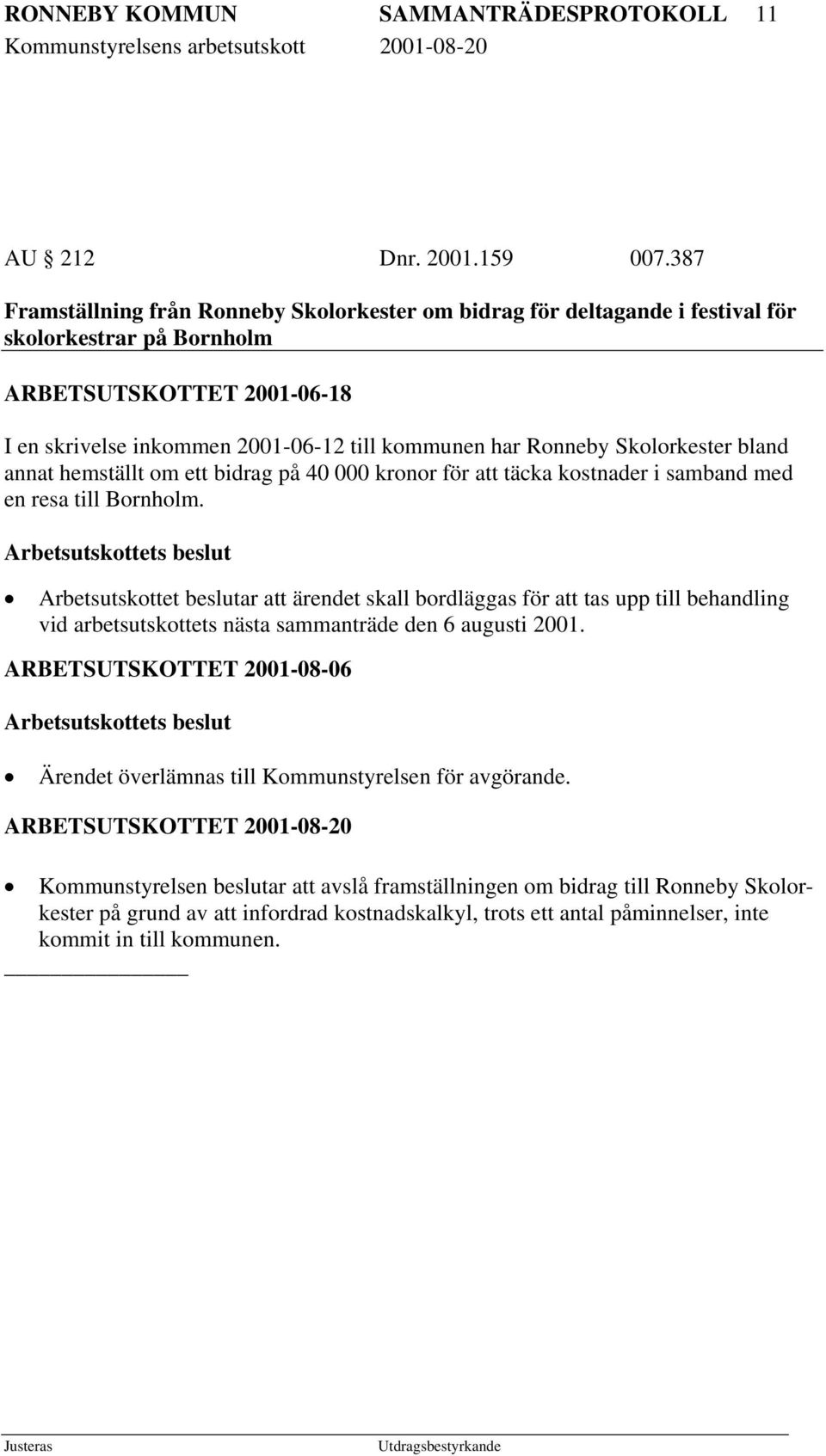 Skolorkester bland annat hemställt om ett bidrag på 40 000 kronor för att täcka kostnader i samband med en resa till Bornholm.