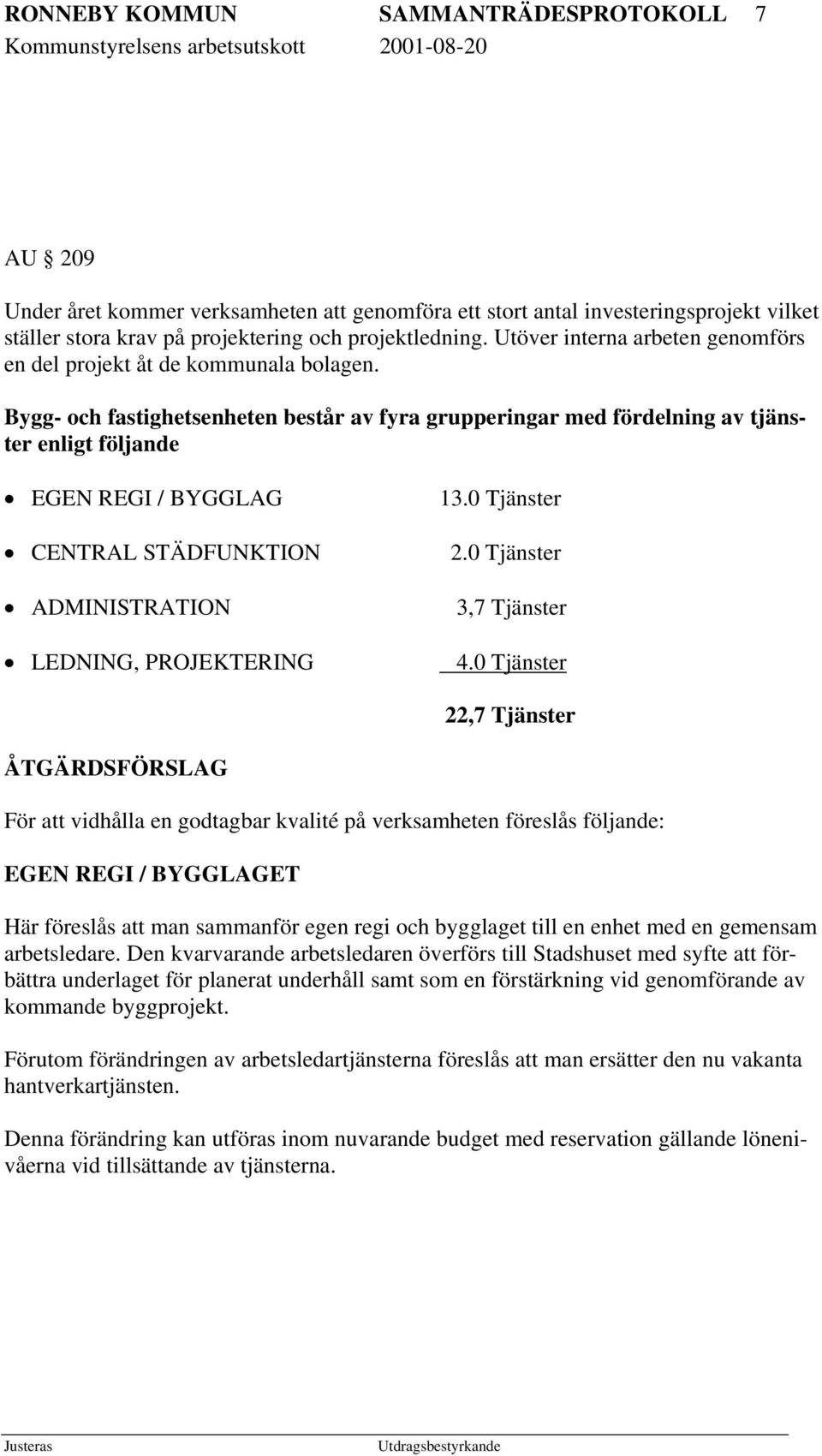 Bygg- och fastighetsenheten består av fyra grupperingar med fördelning av tjänster enligt följande EGEN REGI / BYGGLAG CENTRAL STÄDFUNKTION ADMINISTRATION LEDNING, PROJEKTERING 13.0 Tjänster 2.