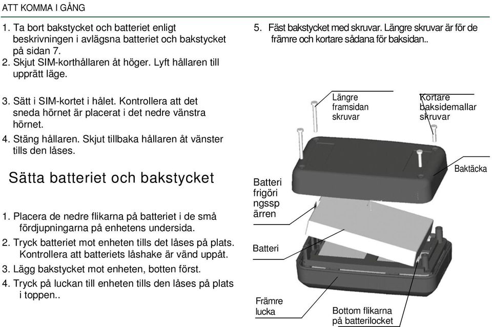 Stäng hållaren. Skjut tillbaka hållaren åt vänster tills den låses. Sätta batteriet och bakstycket 1. Placera de nedre flikarna på batteriet i de små fördjupningarna på enhetens undersida. 2.