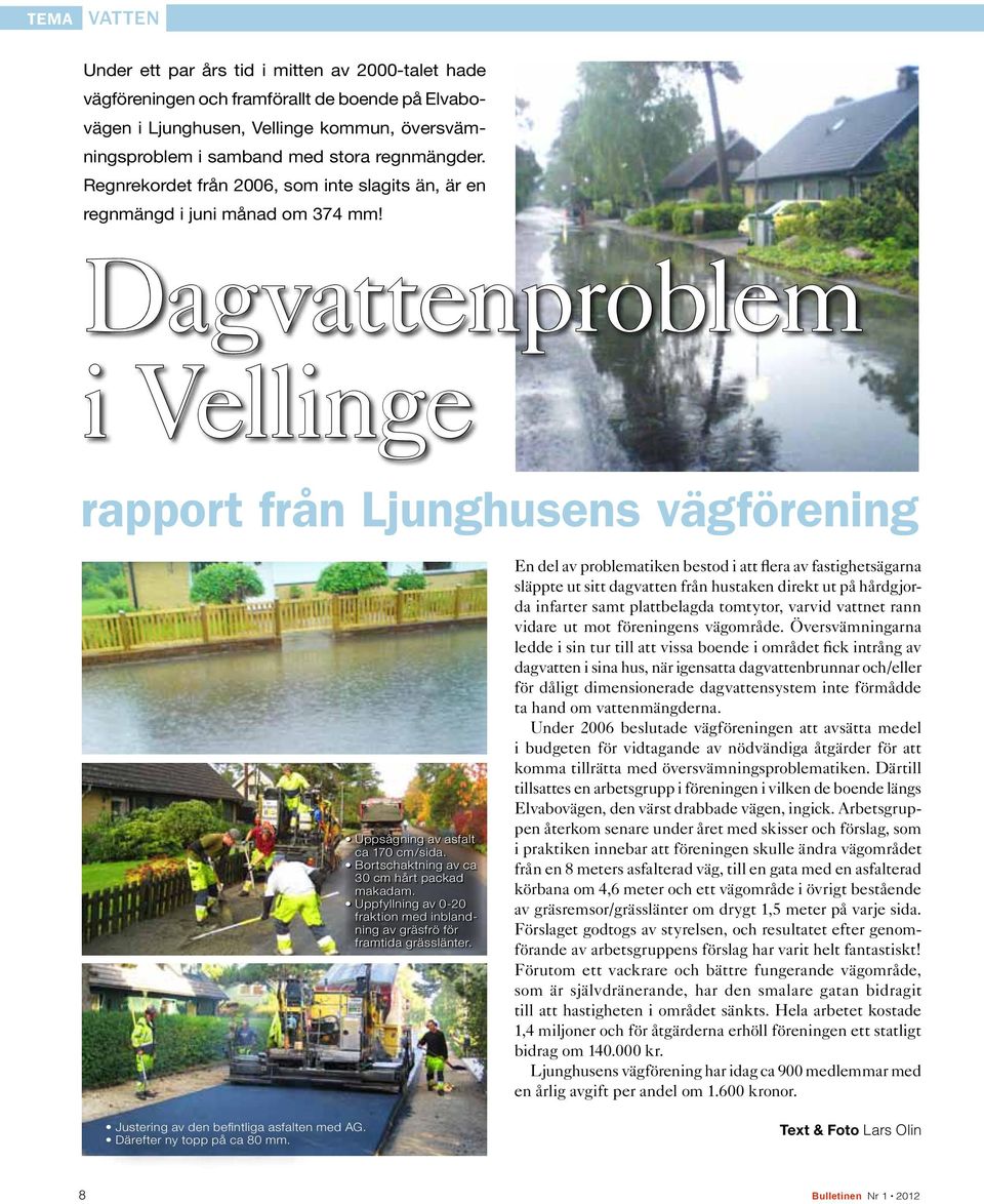 Dagvattenproblem i Vellinge rapport från Ljunghusens vägförening Justering av den befintliga asfalten med AG. Därefter ny topp på ca 80 mm. Uppsågning av asfalt ca 170 cm/sida.