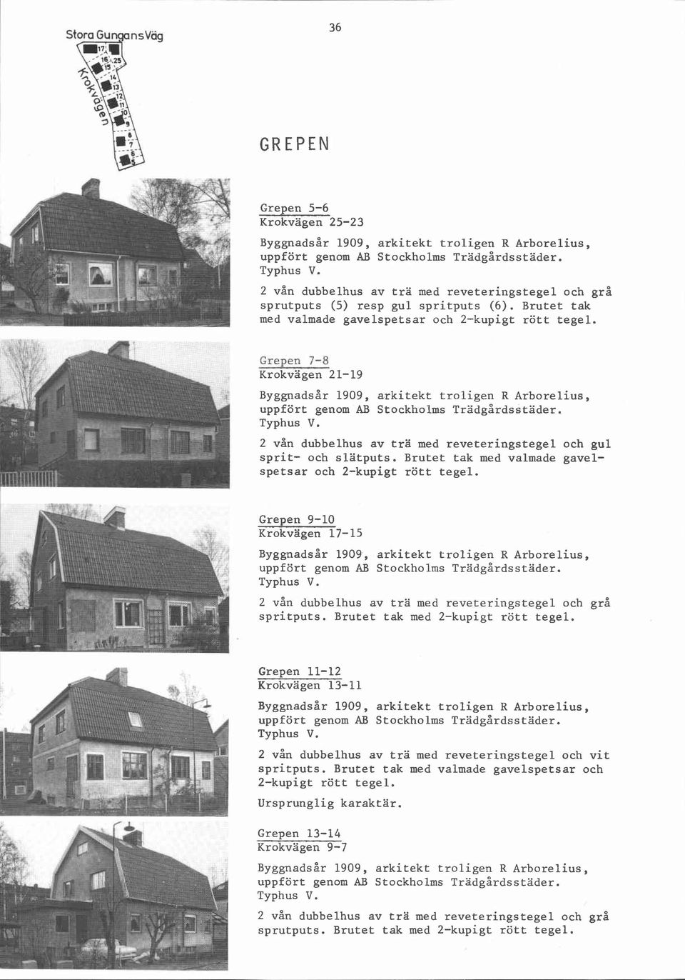 Grepen 7-8 Krokvägen 21-19 Byggnadsår 1909, arkitekt troligen R Arborelius, uppfört genom AB Stockholms Trädgårdsstäder. Typhus V.