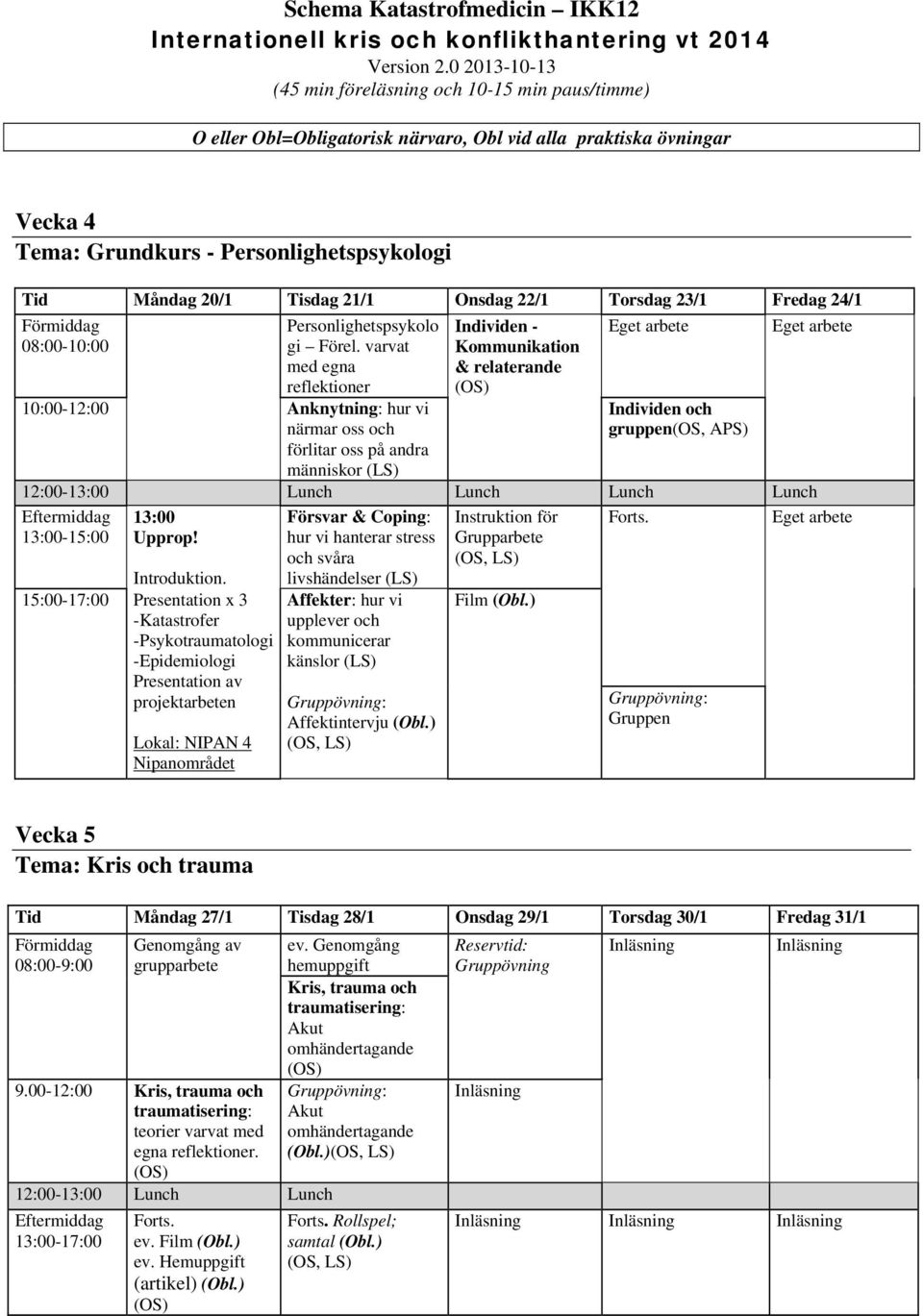 22/1 Torsdag 23/1 Fredag 24/1 Personlighetspsykolo gi Förel.