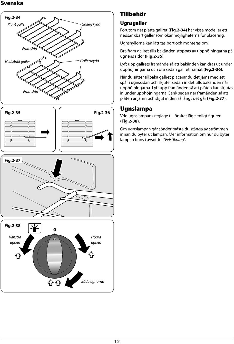 Dra fram gallret tills akänden stoppas av upphöjningarna på ugnens sidor (Fig.2-35). Lyft upp gallrets framände så att akänden kan dras ut under upphöjningarna och dra sedan gallret framåt (Fig.2-36).