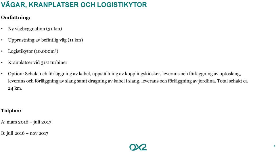 000m 2 ) Kranplatser vid 31st turbiner Option: Schakt och förläggning av kabel, uppställning av kopplingskiosker,