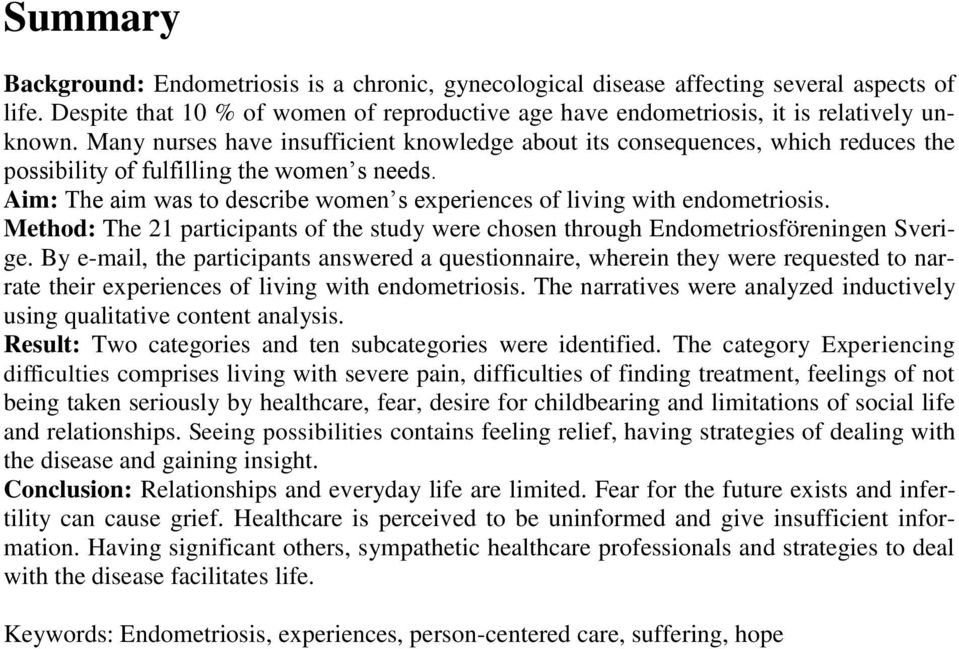 Aim: The aim was to describe women s experiences of living with endometriosis. Method: The 21 participants of the study were chosen through Endometriosföreningen Sverige.