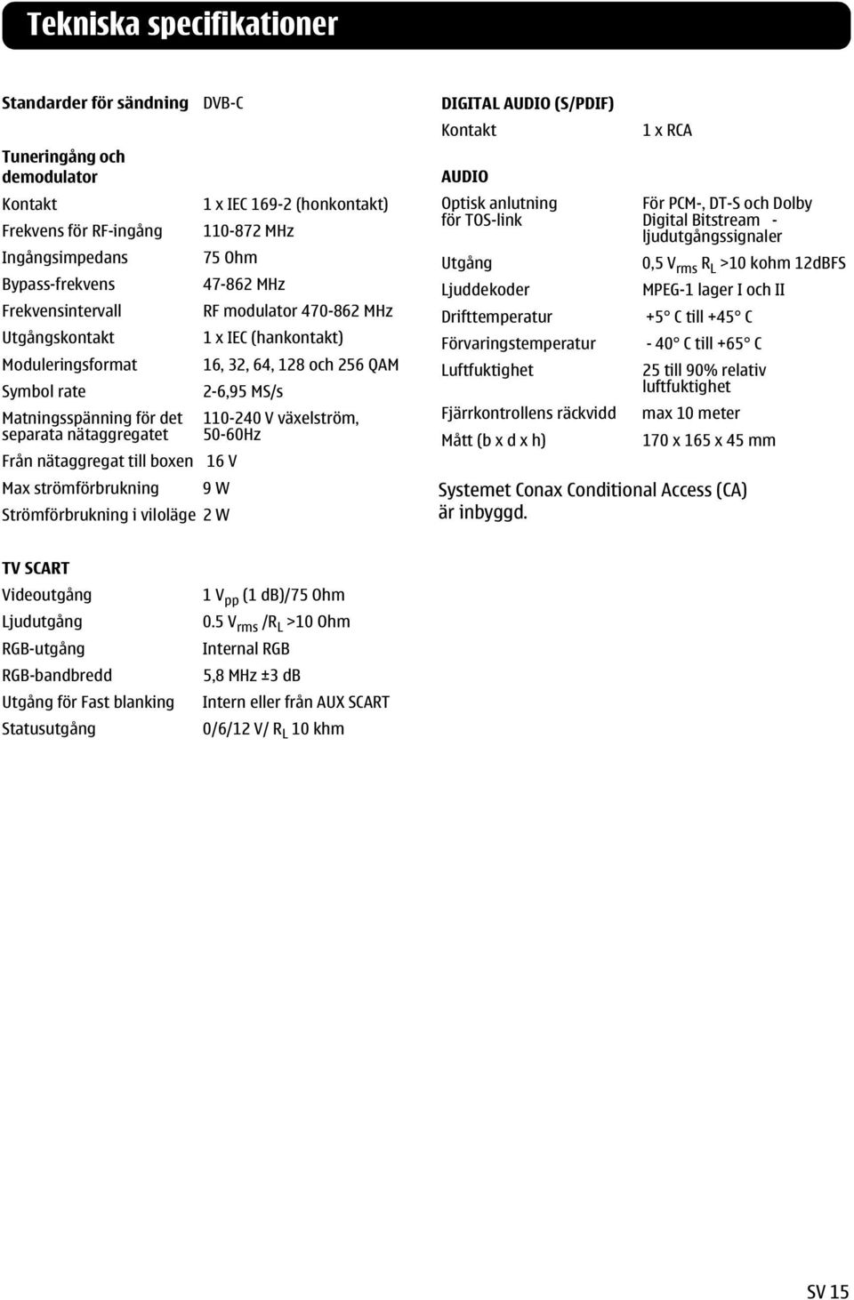 nätaggregatet 110-240 V växelström, 50-60Hz Från nätaggregat till boxen 16 V Max strömförbrukning 9 W Strömförbrukning i viloläge 2 W DIGITAL AUDIO (S/PDIF) Kontakt AUDIO Optisk anlutning för