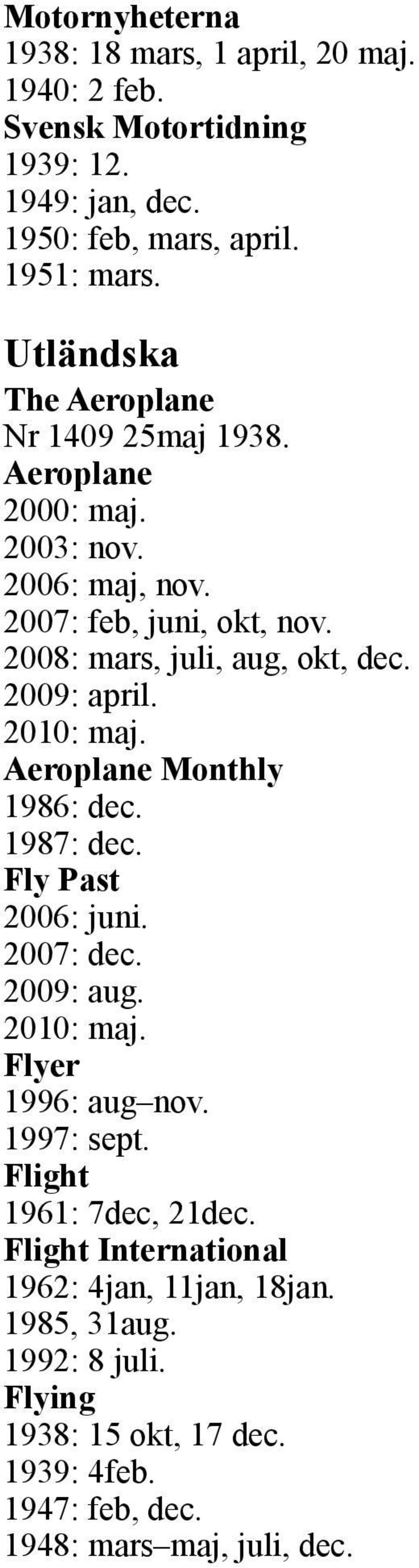 2009: april. 2010: maj. Aeroplane Monthly 1986: dec. 1987: dec. Fly Past 2006: juni. 2007: dec. 2009: aug. 2010: maj. Flyer 1996: aug nov. 1997: sept.