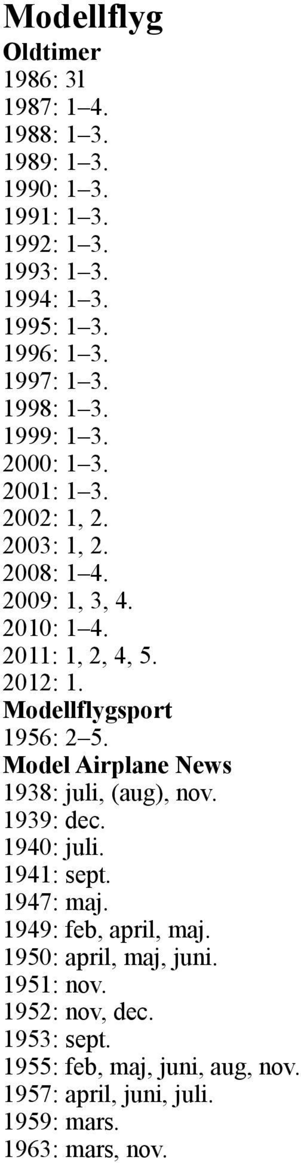 Modellflygsport 1956: 2 5. Model Airplane News 1938: juli, (aug), nov. 1939: dec. 1940: juli. 1941: sept. 1947: maj. 1949: feb, april, maj.