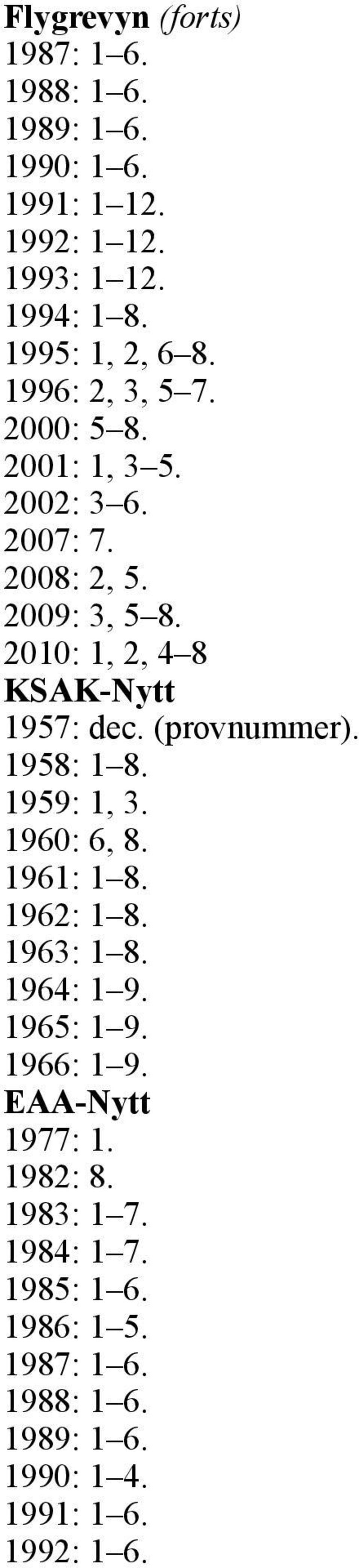 (provnummer). 1958: 1 8. 1959: 1, 3. 1960: 6, 8. 1961: 1 8. 1962: 1 8. 1963: 1 8. 1964: 1 9. 1965: 1 9. 1966: 1 9.