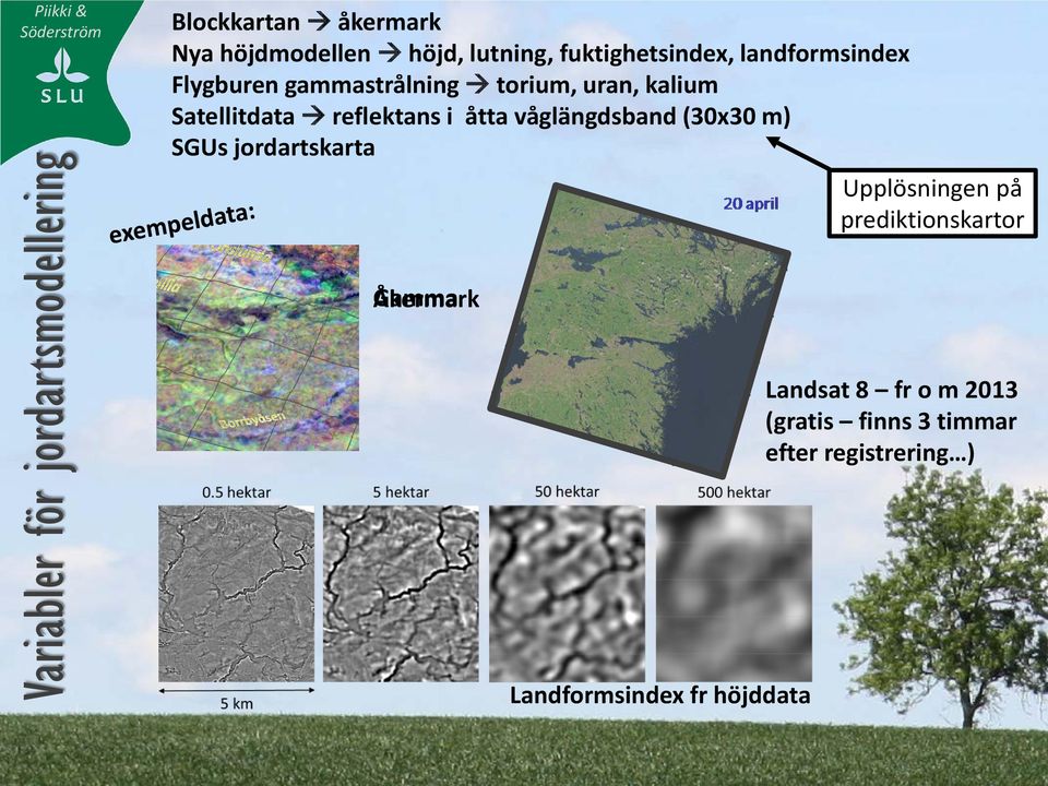 reflektans i åtta våglängdsband (30x30 m) SGUs jordartskarta Åkermark Gamma Landformsindex fr