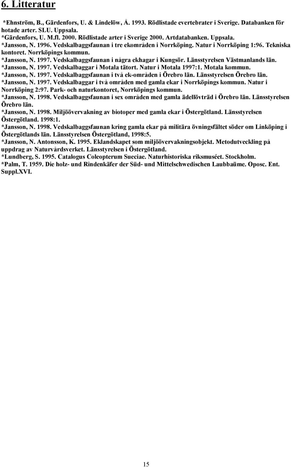 *Jansson, N. 1997. Vedskalbaggsfaunan i några ekhagar i Kungsör. Länsstyrelsen Västmanlands län. *Jansson, N. 1997. Vedskalbaggar i Motala tätort. Natur i Motala 1997:1. Motala kommun. *Jansson, N. 1997. Vedskalbaggsfaunan i två ek-områden i Örebro län.