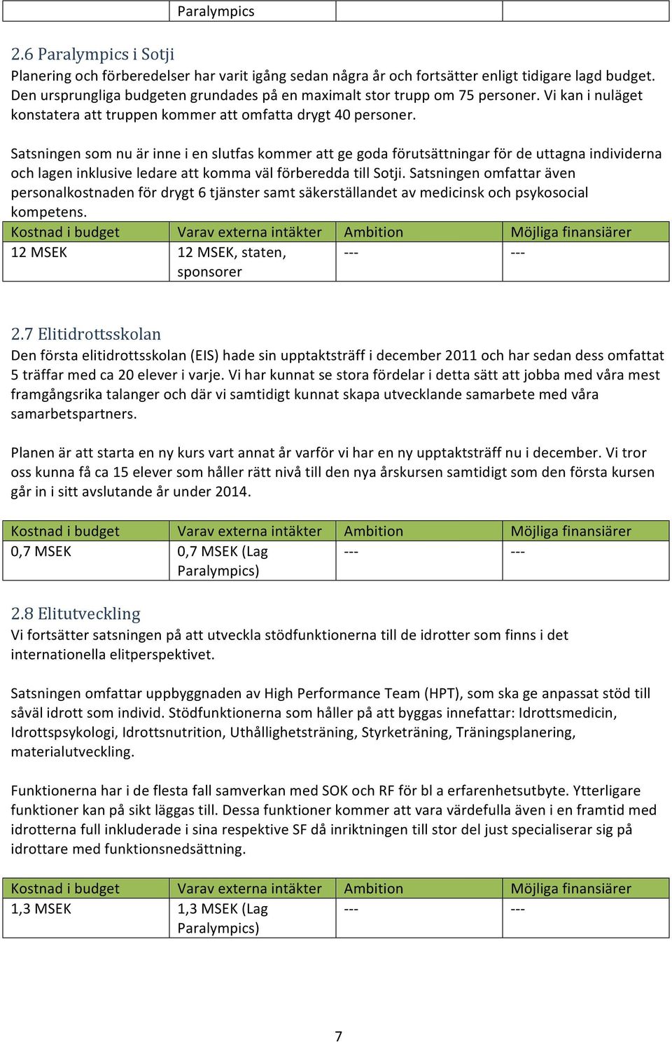 Satsningen som nu är inne i en slutfas kommer att ge goda förutsättningar för de uttagna individerna och lagen inklusive ledare att komma väl förberedda till Sotji.