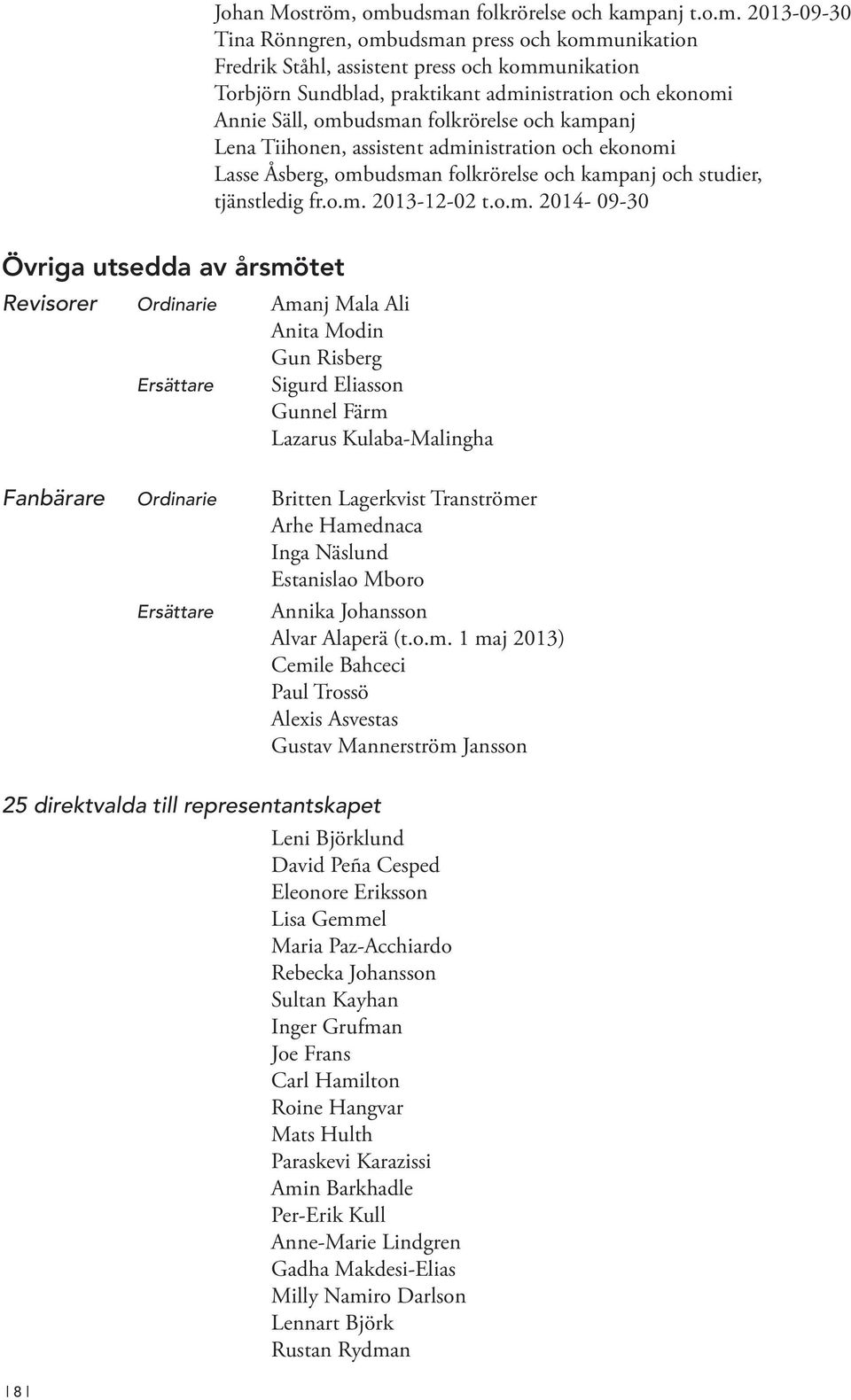 ekonomi Annie Säll, ombudsman folkrörelse och kampanj Lena Tiihonen, assistent administration och ekonomi Lasse Åsberg, ombudsman folkrörelse och kampanj och studier, tjänst ledig fr.o.m. 2013-12-02 t.