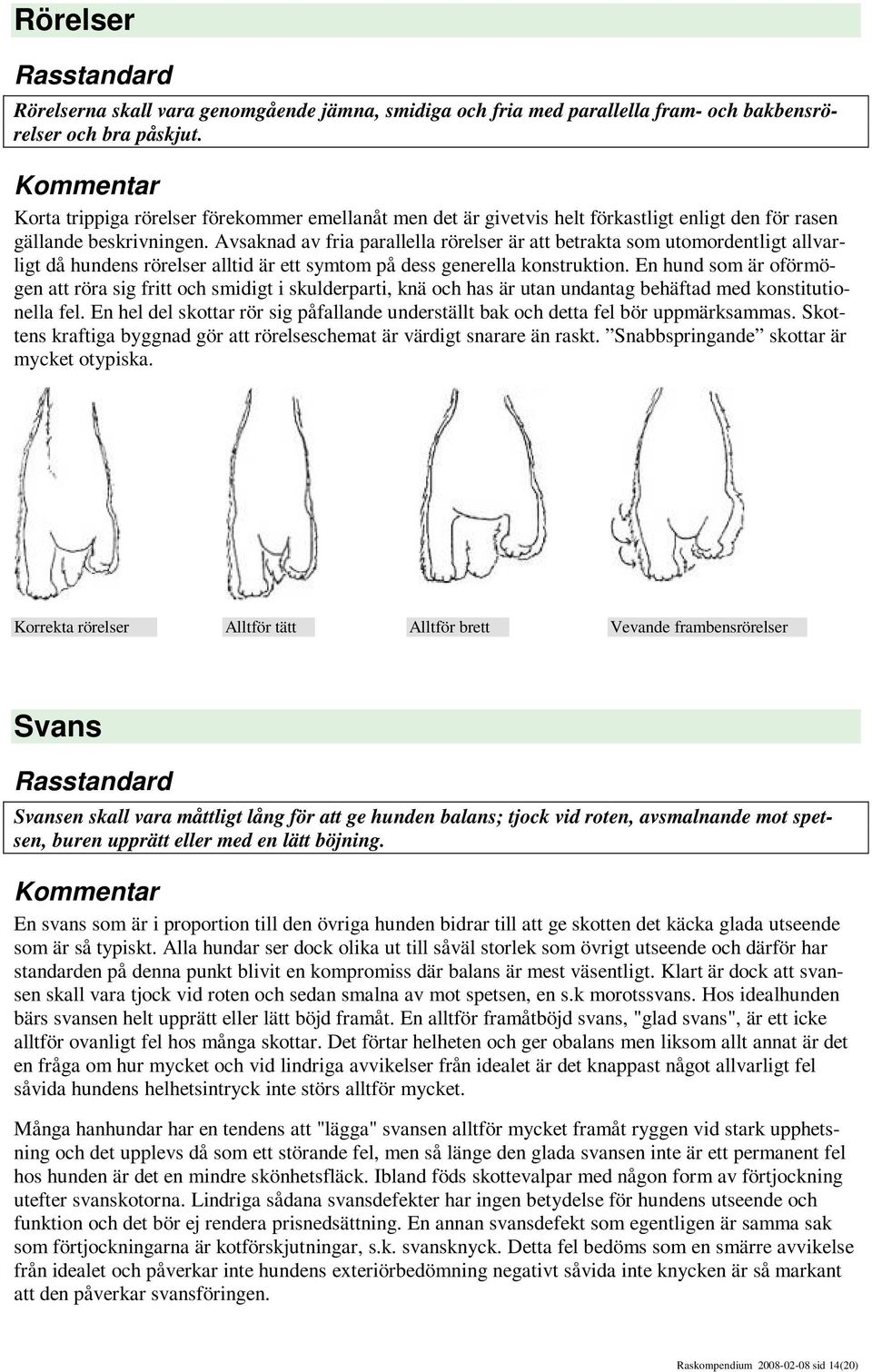 Avsaknad av fria parallella rörelser är att betrakta som utomordentligt allvarligt då hundens rörelser alltid är ett symtom på dess generella konstruktion.