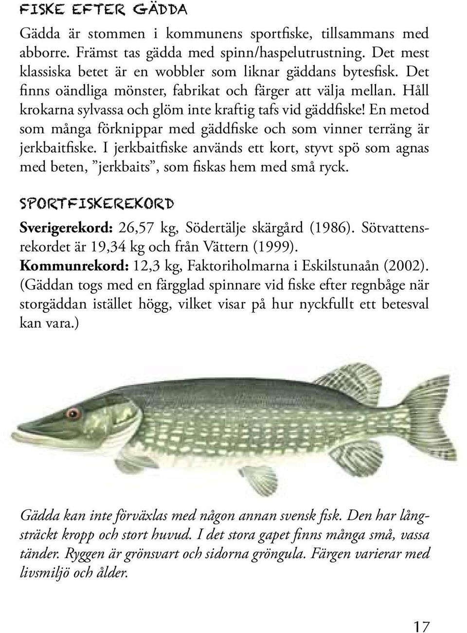 En metod som många förknippar med gäddfiske och som vinner terräng är jerkbaitfiske. I jerkbaitfiske används ett kort, styvt spö som agnas med beten, jerkbaits, som fiskas hem med små ryck.