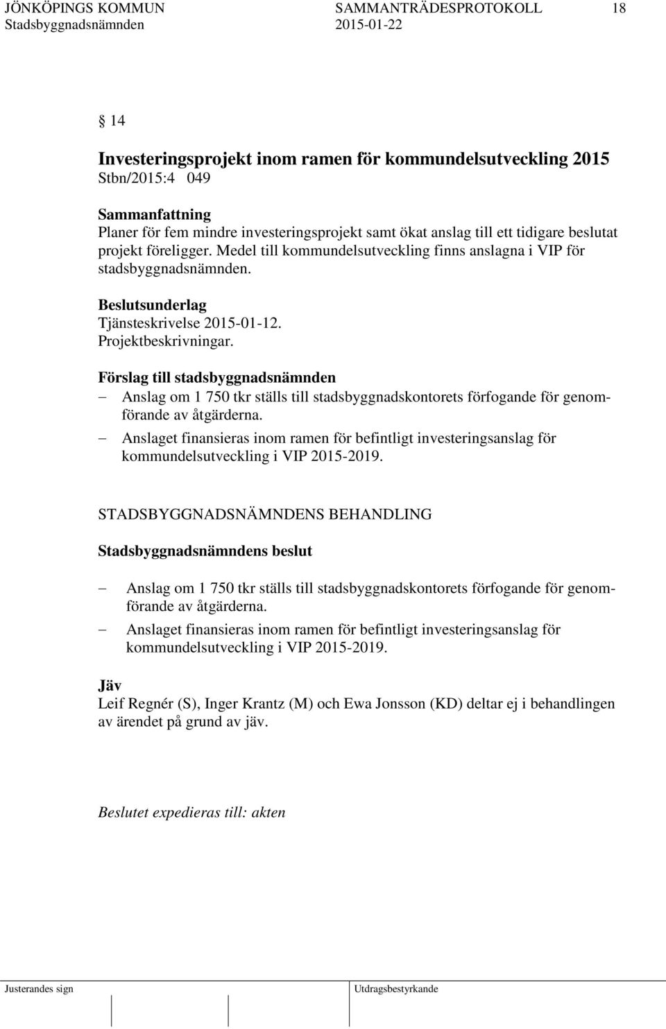 Förslag till stadsbyggnadsnämnden Anslag om 1 750 tkr ställs till stadsbyggnadskontorets förfogande för genomförande av åtgärderna.