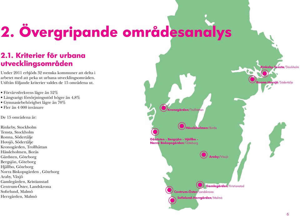 Rinkeby-Tensta/Stockholm Ronna-Hovsjö/Södertälje Förvärvsfrekvens lägre än 52% Långvarigt försörjningsstöd högre än 4,8% Gymnasiebehörighet lägre än 70% Fler än 4 000 invånare Kronogården/Trollhättan