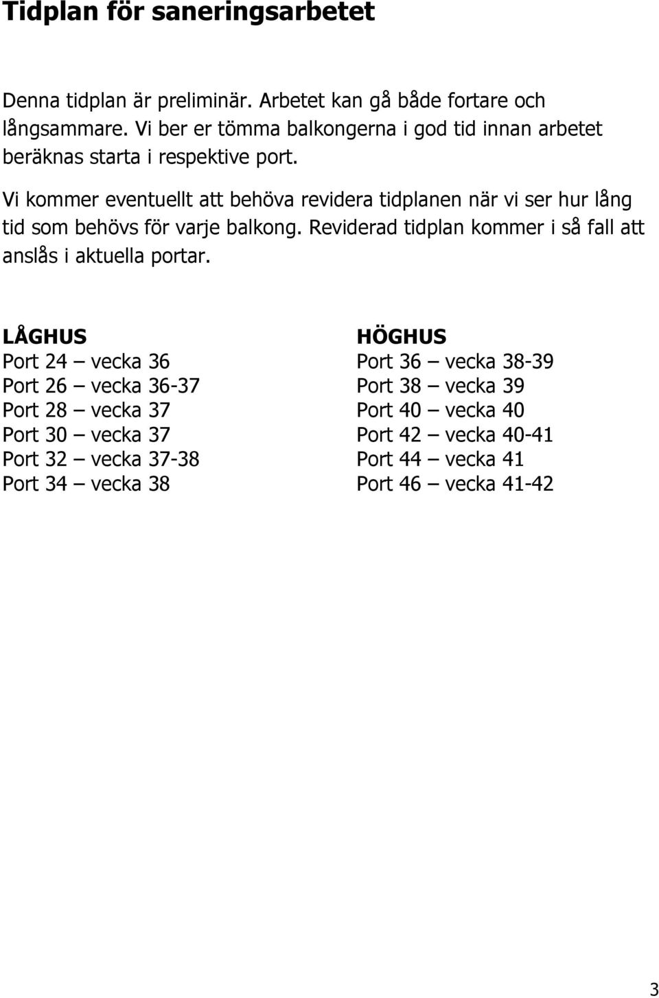 Vi kommer eventuellt att behöva revidera tidplanen när vi ser hur lång tid som behövs för varje balkong.