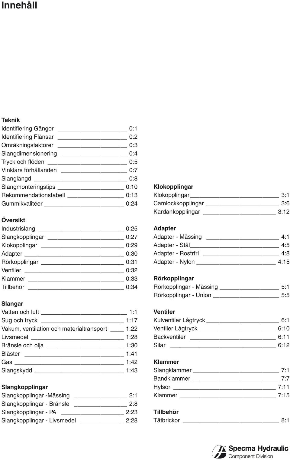 Slangar Vatten och luft 1:1 Sug och 1:17 Vakum, ventilation och materialtransport 1:22 Livsmedel 1:28 Bränsle och olja 1:30 Bläster 1:41 Gas 1:42 Slangskydd 1:43 Slangkopplingar Slangkopplingar