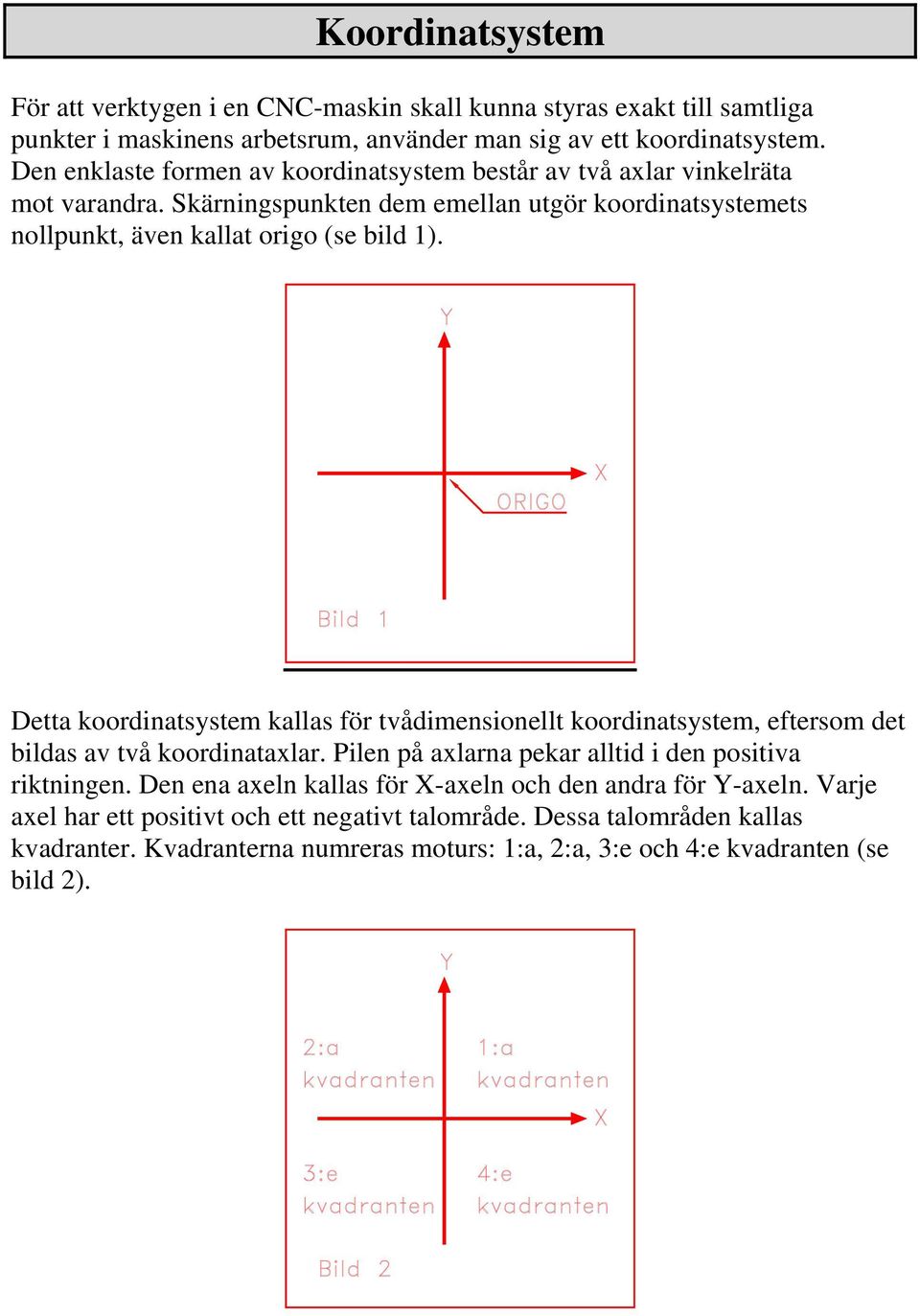 Detta koordinatsystem kallas för tvådimensionellt koordinatsystem, eftersom det bildas av två koordinataxlar. Pilen på axlarna pekar alltid i den positiva riktningen.