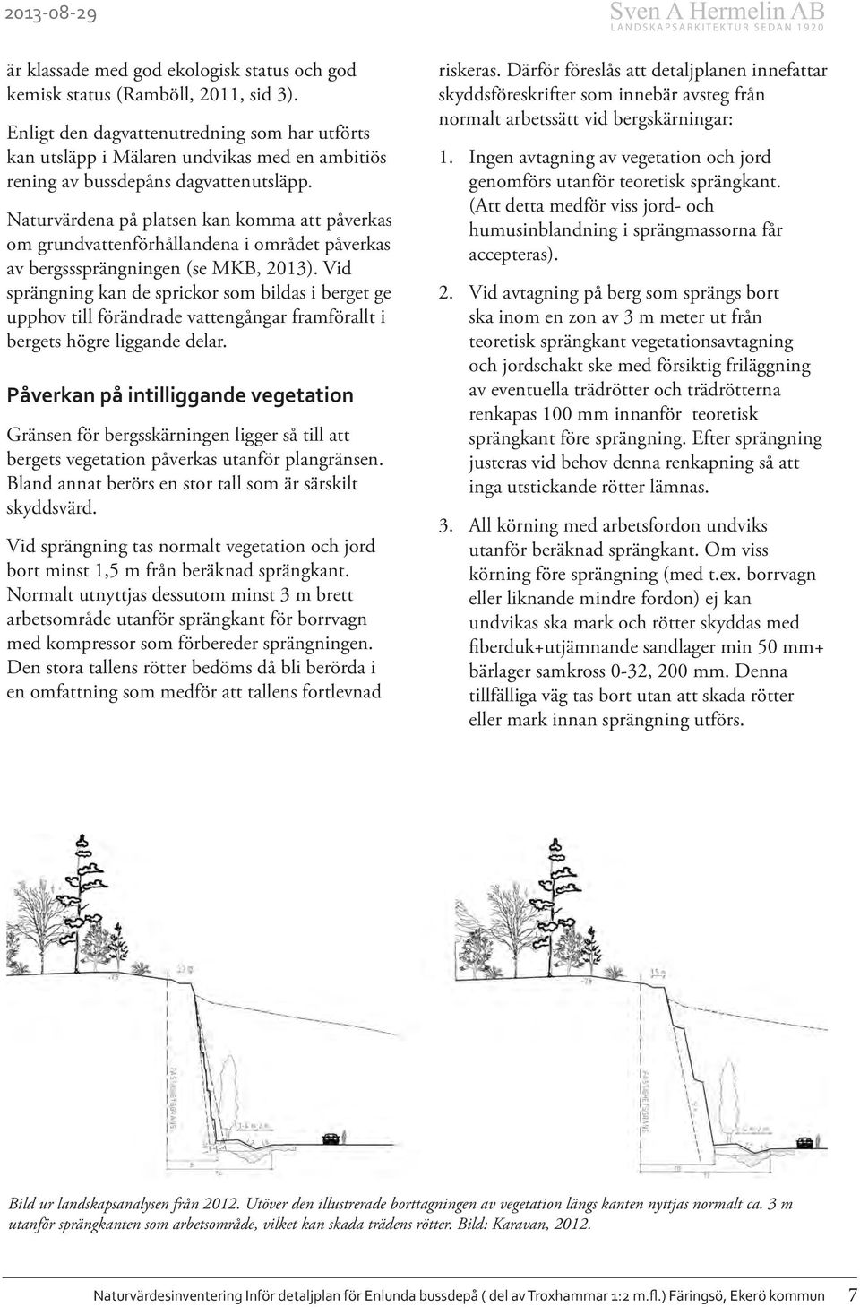 Naturvärdena på platsen kan komma att påverkas om grundvattenförhållandena i området påverkas av bergsssprängningen (se MKB, 2013).