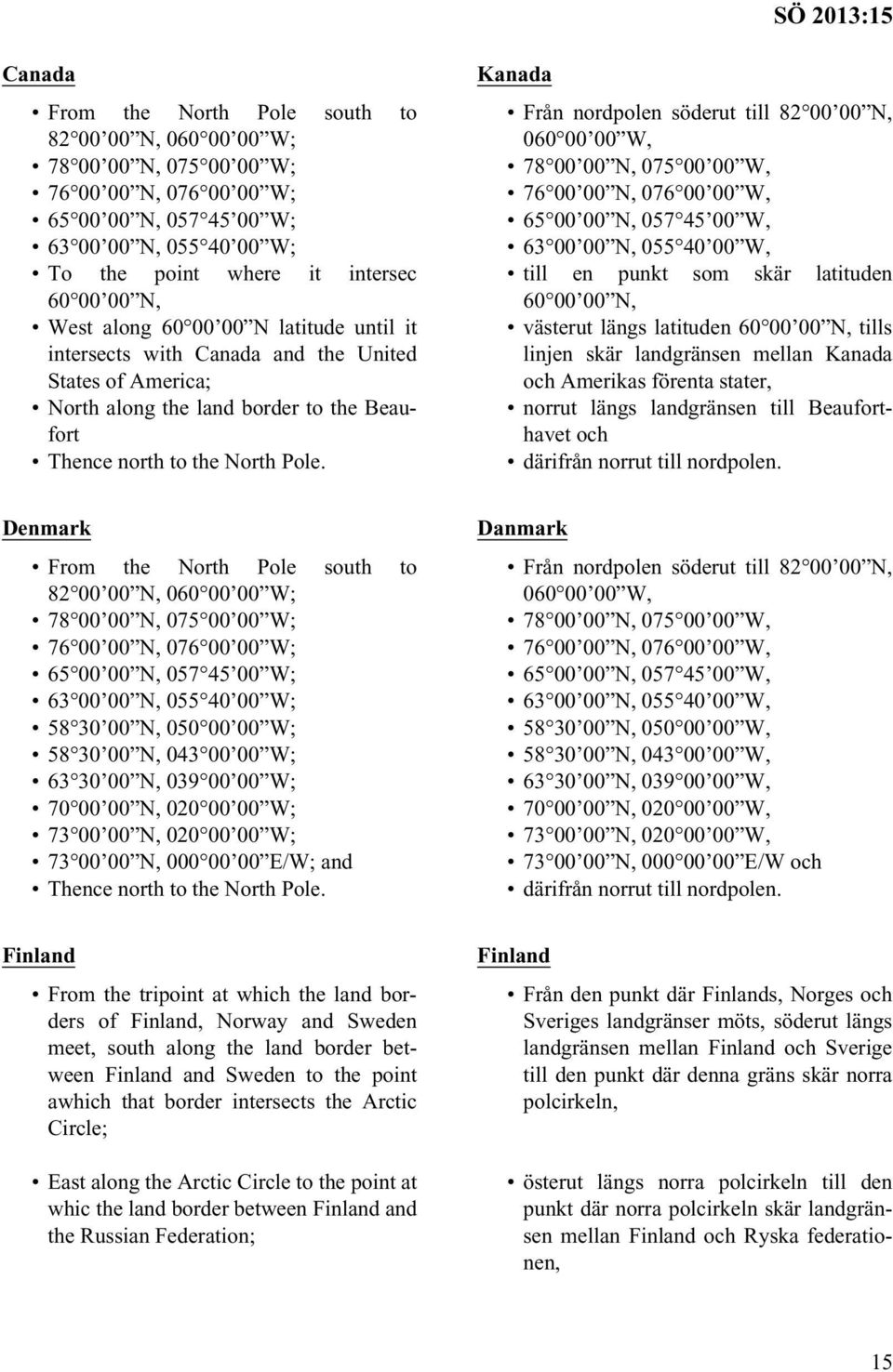 Kanada Från nordpolen söderut till 82 00 00 N, 060 00 00 W, 78 00 00 N, 075 00 00 W, 76 00 00 N, 076 00 00 W, 65 00 00 N, 057 45 00 W, 63 00 00 N, 055 40 00 W, till en punkt som skär latituden 60 00