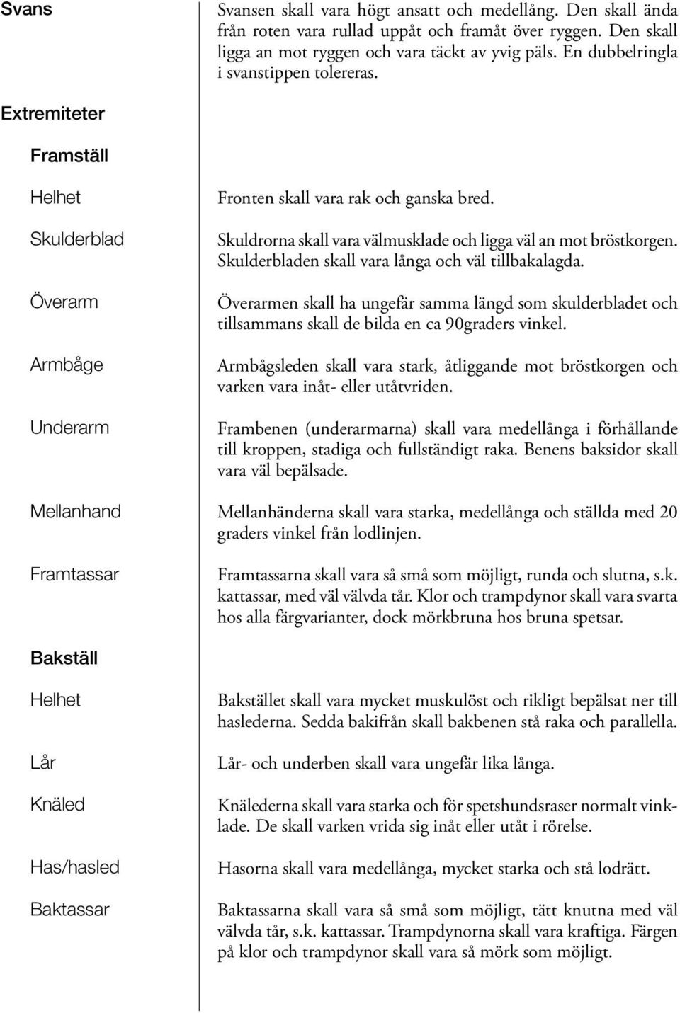 Skuldrorna skall vara välmusklade och ligga väl an mot bröstkorgen. Skulderbladen skall vara långa och väl tillbakalagda.