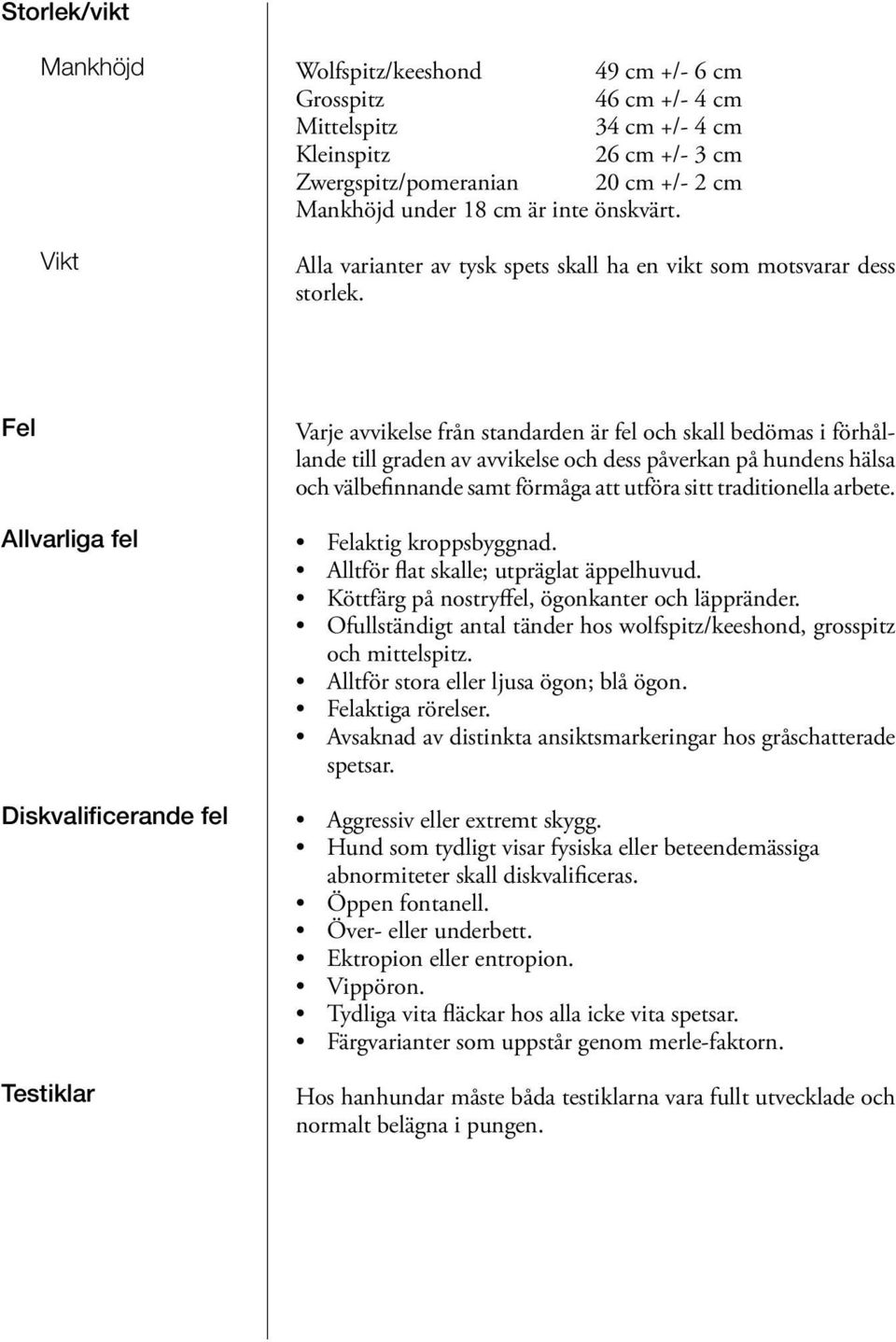 Fel Allvarliga fel Diskvalificerande fel Testiklar Varje avvikelse från standarden är fel och skall bedömas i förhållande till graden av avvikelse och dess påverkan på hundens hälsa och välbefinnande