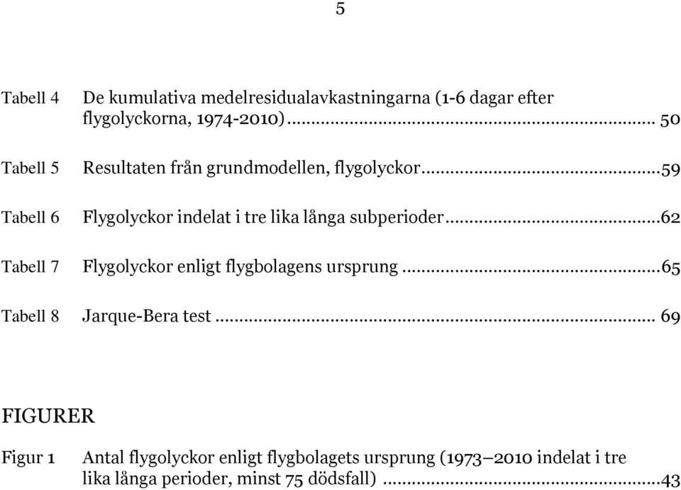 .. 59 Tabell 6 Flygolyckor indelat i tre lika långa subperioder.